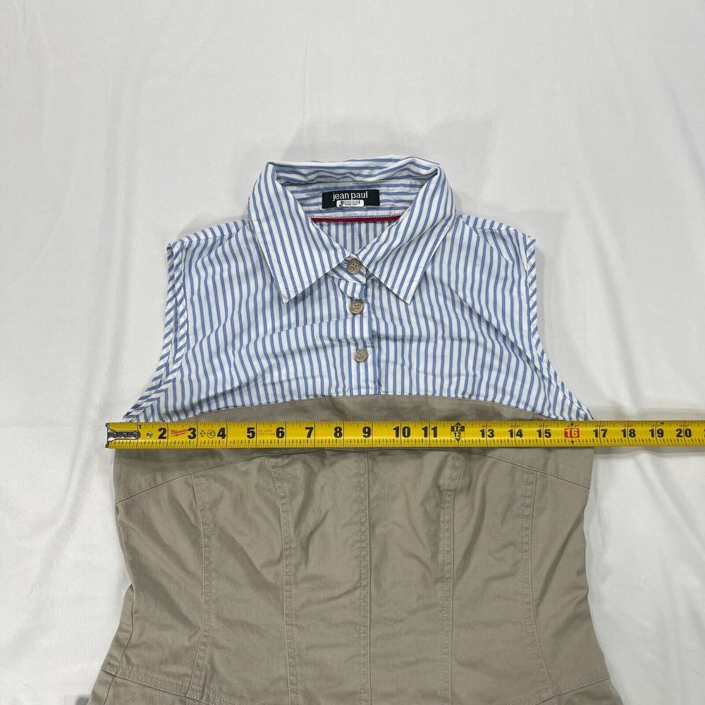 Jean Paul Berlin Sleeveless Khaki‎ Midi Dress Womens 10 Blue White Striped Top - Picture 5 of 14